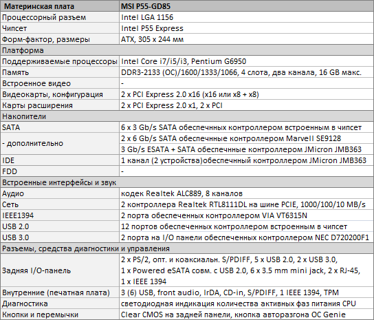 MSI P55 GD85 Технические характеристики